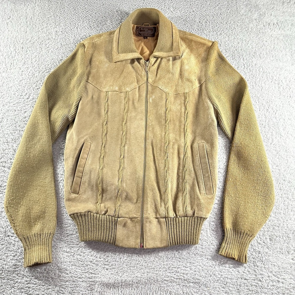 VINTAGE Alvin Josef Suede Leather Bomber Jacket Mens‎ Large Tan Sweater 70s 80s